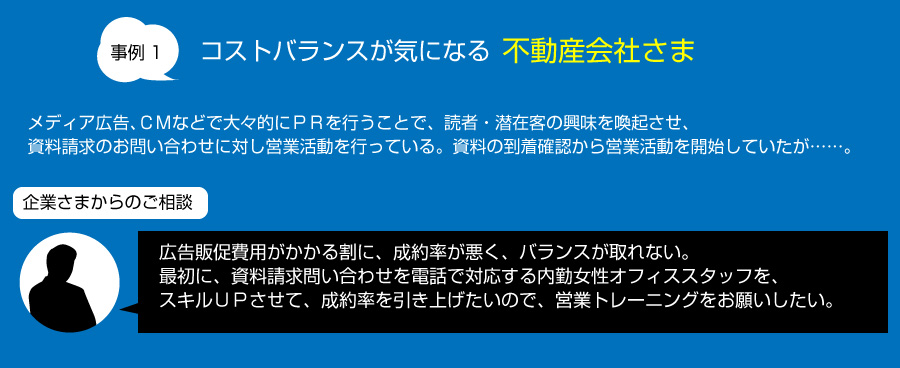 コストバランスが気になる不動産会社さま メディア広告、ＣＭなどで大々的にＰＲを行うことで、読者・潜在客の興味を喚起させ、資料請求のお問い合わせに対し営業活動を行っている。資料の到着確認から営業活動を開始していたが……。企業さまからのご相談 広告販促費用がかかる割に、成約率が悪く、バランスが取れない。最初に、資料請求問い合わせを電話で対応する内勤女性オフィススタッフを、スキルＵＰさせて、成約率を引き上げたいので、営業トレーニングをお願いしたい。