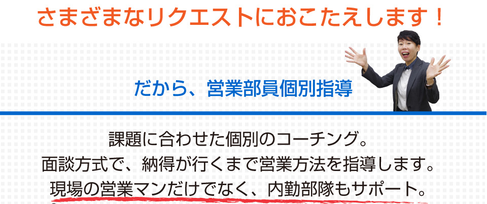 さまざまなリクエストにおこたえします！だから、営業部員個別指導 課題に合わせた個別のコーチング。面談方式で、納得が行くまで営業方法を指導します。現場の営業マンだけでなく、内勤部隊もサポート。